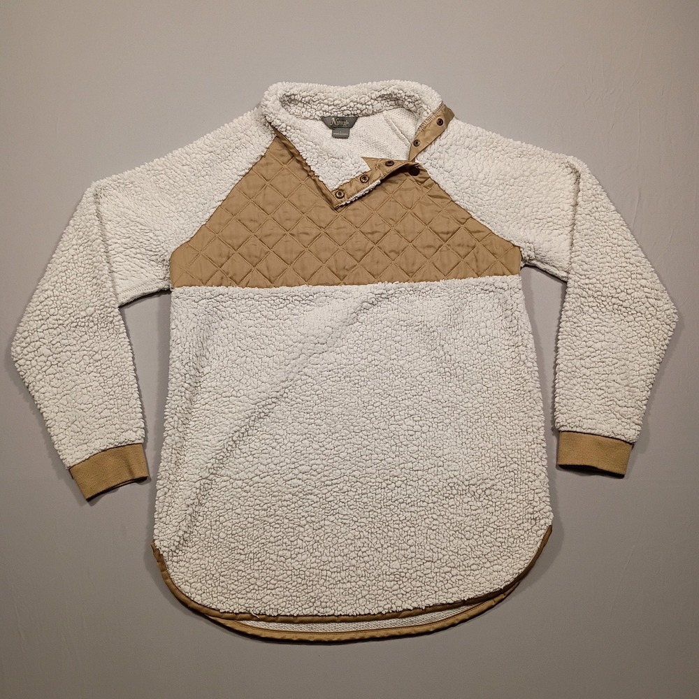 Natural Reflections Pullover Women L Sherpa Quilted Snap Neck White Tan